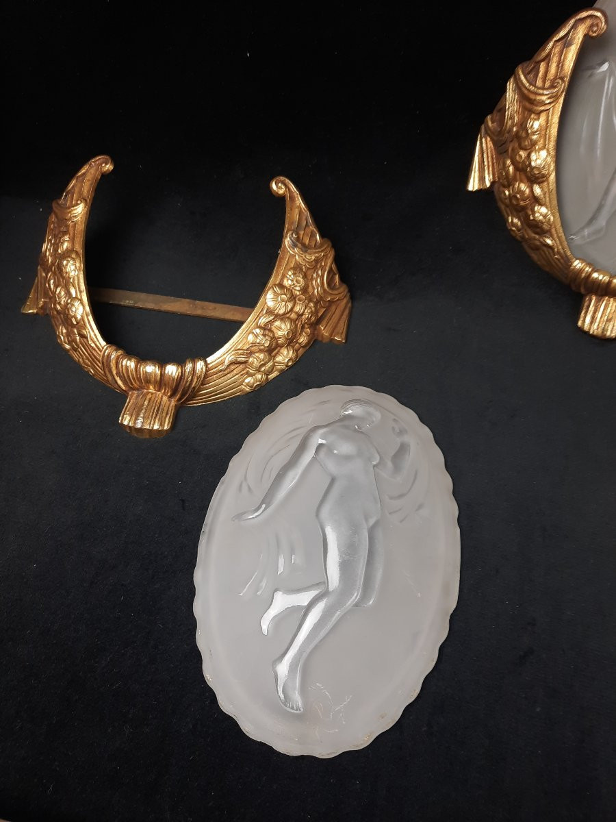 Muller Frères - Paire d'Appliques En Bronze Et Verre Art Déco-photo-2
