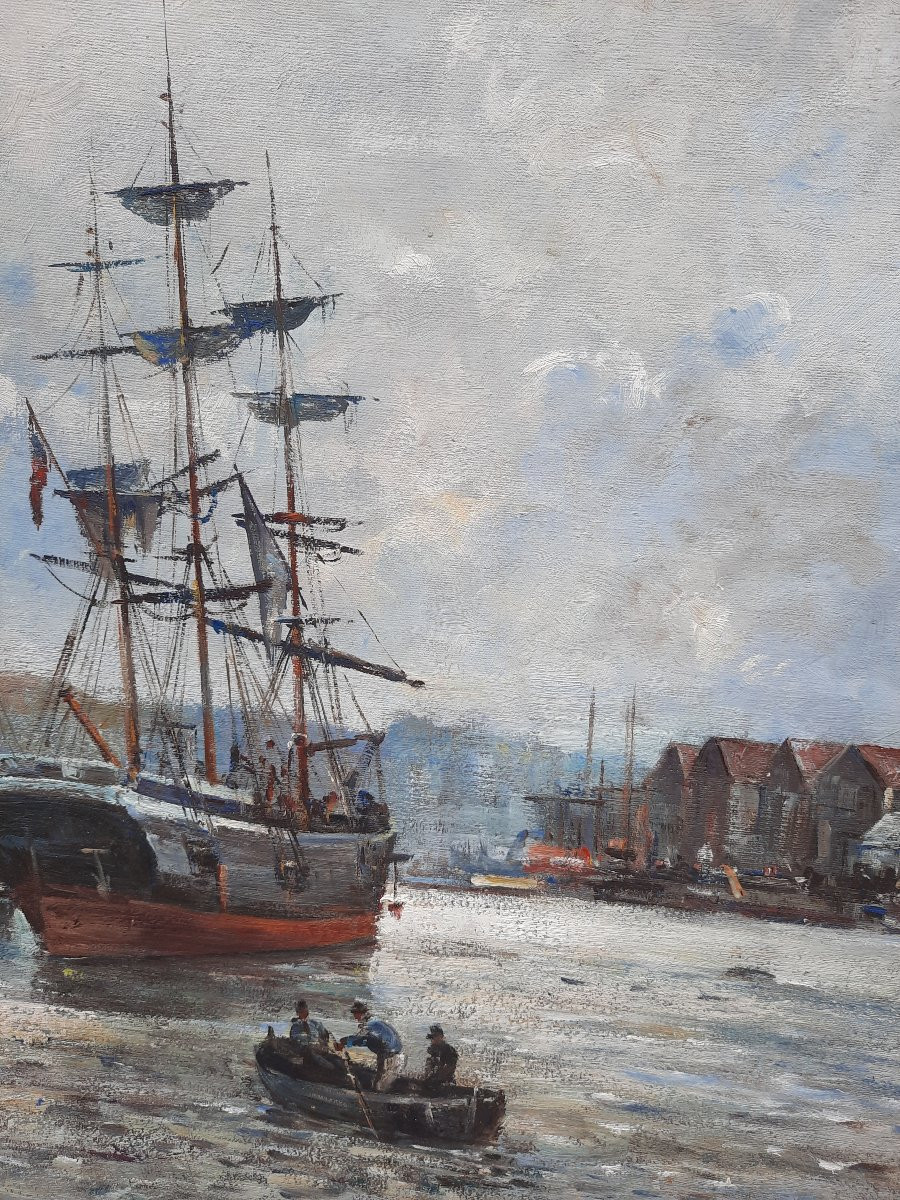 Huile sur toile - Voilier au port accosté - Rougier (XXe siècle)-photo-3