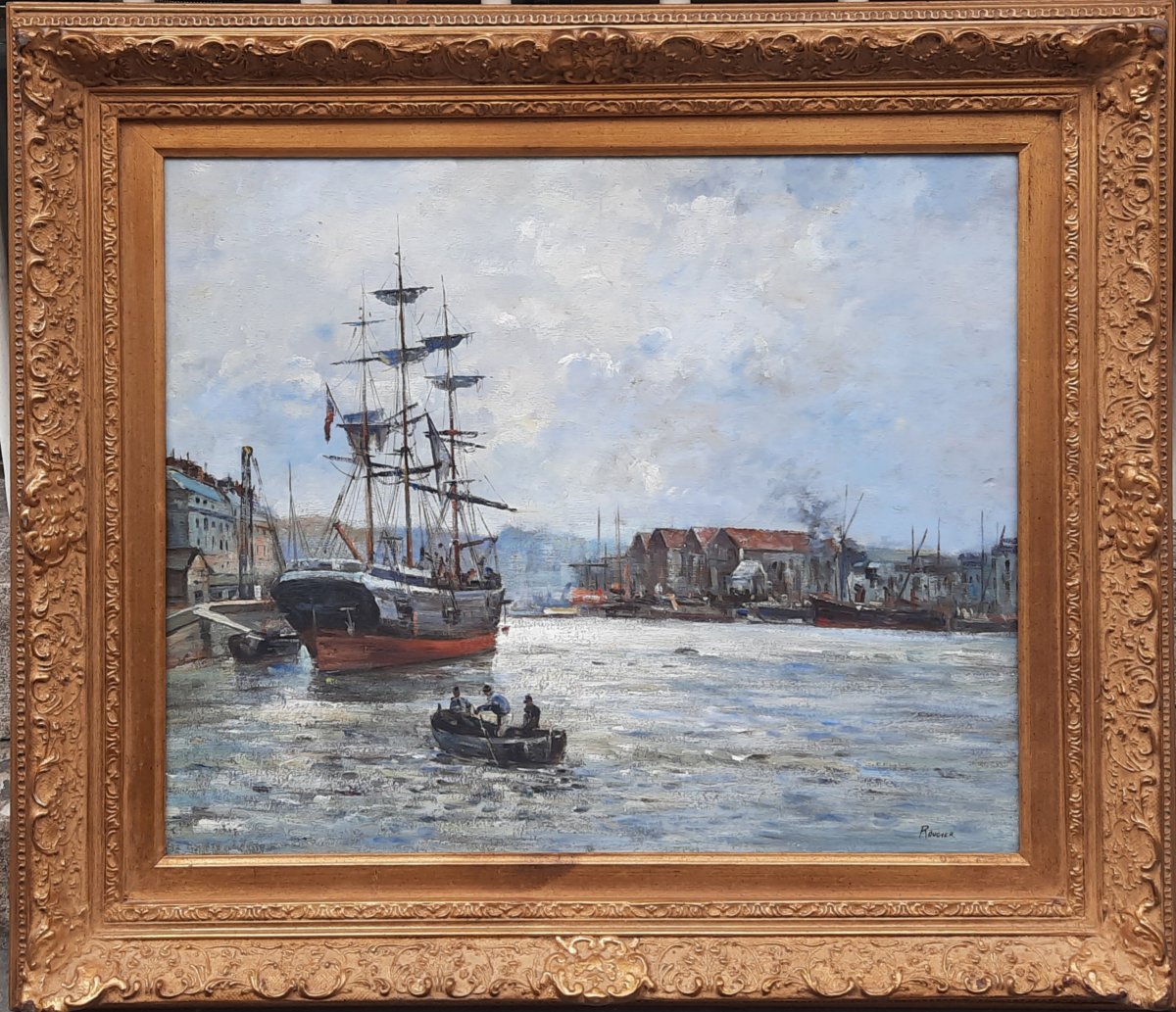 Huile sur toile - Voilier au port accosté - Rougier (XXe siècle)-photo-4
