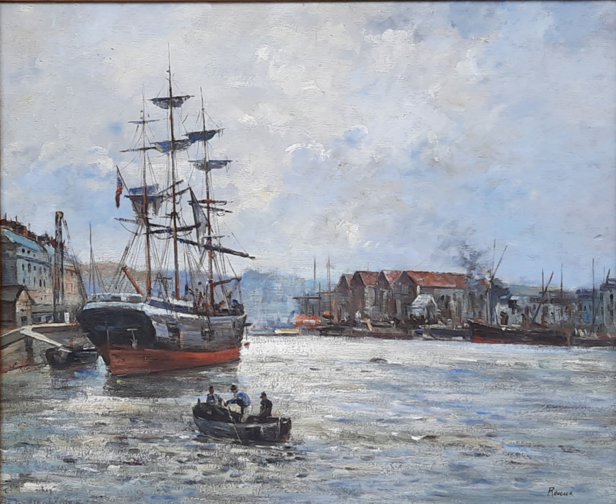 Huile sur toile - Voilier au port accosté - Rougier (XXe siècle)