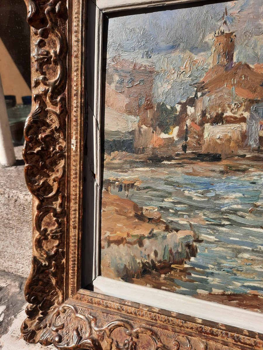 Julien Gustave Gagliardini (1846–1927) - Huile sur bois - Ville au bord de l'eau -photo-3