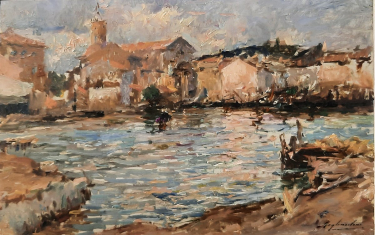 Julien Gustave Gagliardini (1846–1927) - Huile sur bois - Ville au bord de l'eau 