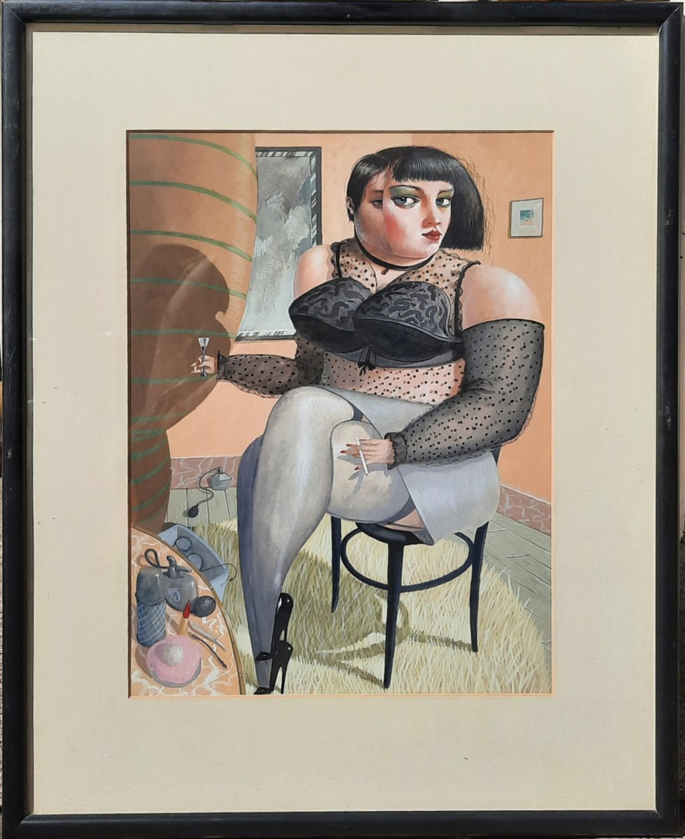 James McNaught (né en 1948) - Gouache - Femme assise-photo-1