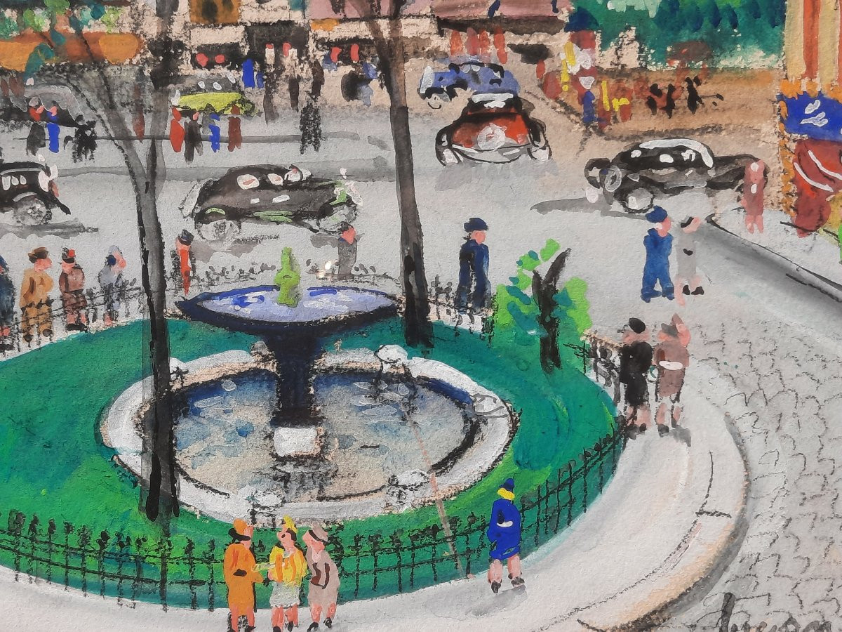 Lucien Genin (1894–1953) - Gouache On Paper - View Of Place Pigalle In Paris-photo-3