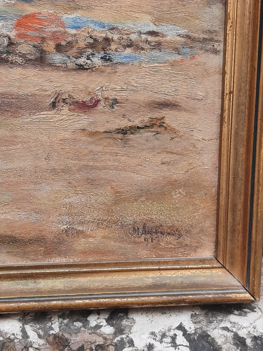 Oil On Canvas - Lively Seaside (20th Century)-photo-2