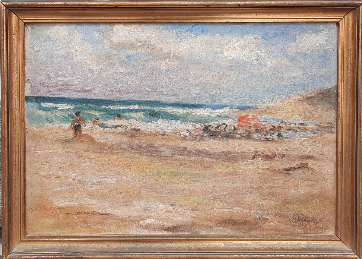 Oil On Canvas - Lively Seaside (20th Century)-photo-3
