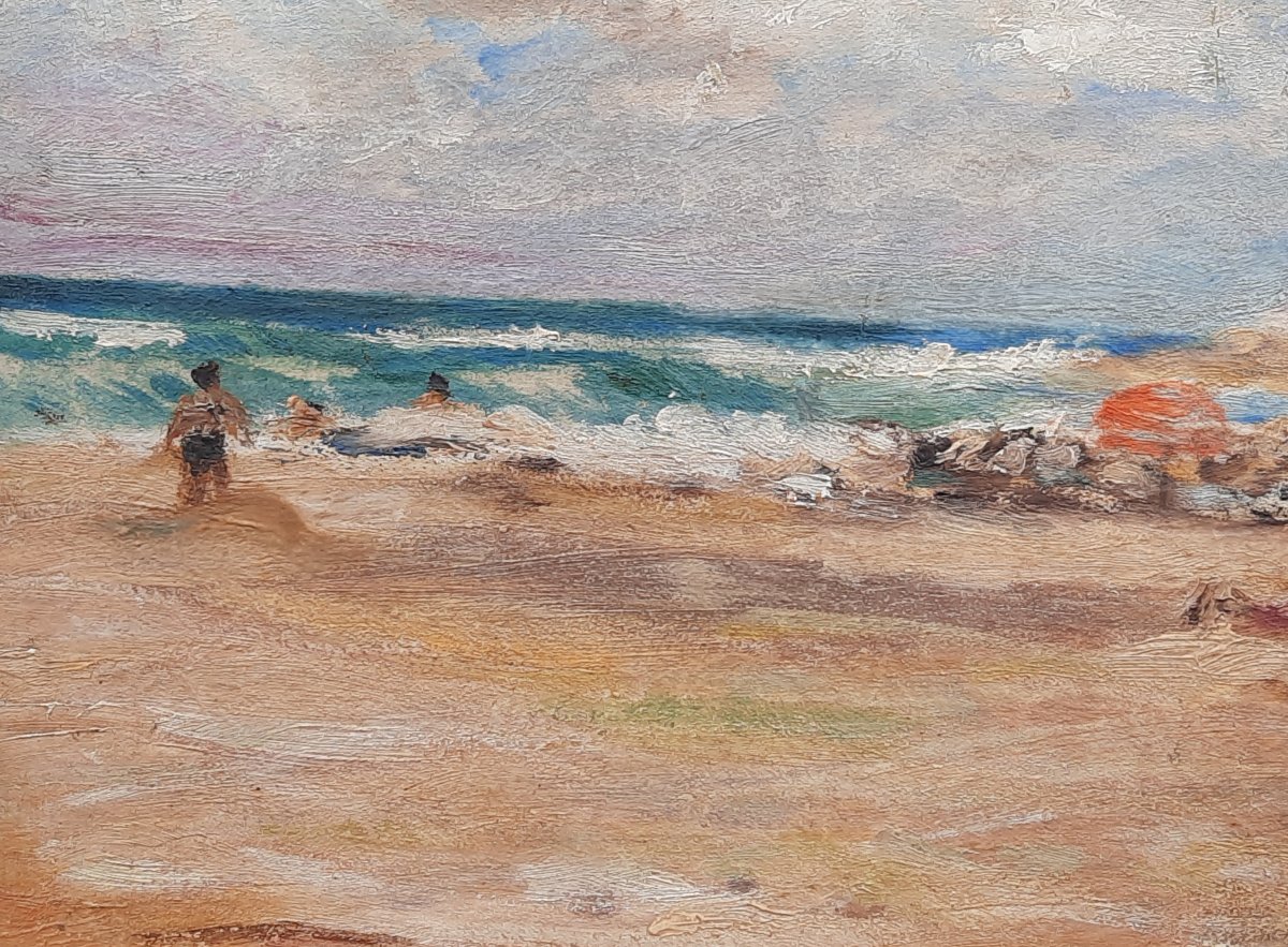 Oil On Canvas - Lively Seaside (20th Century)-photo-4