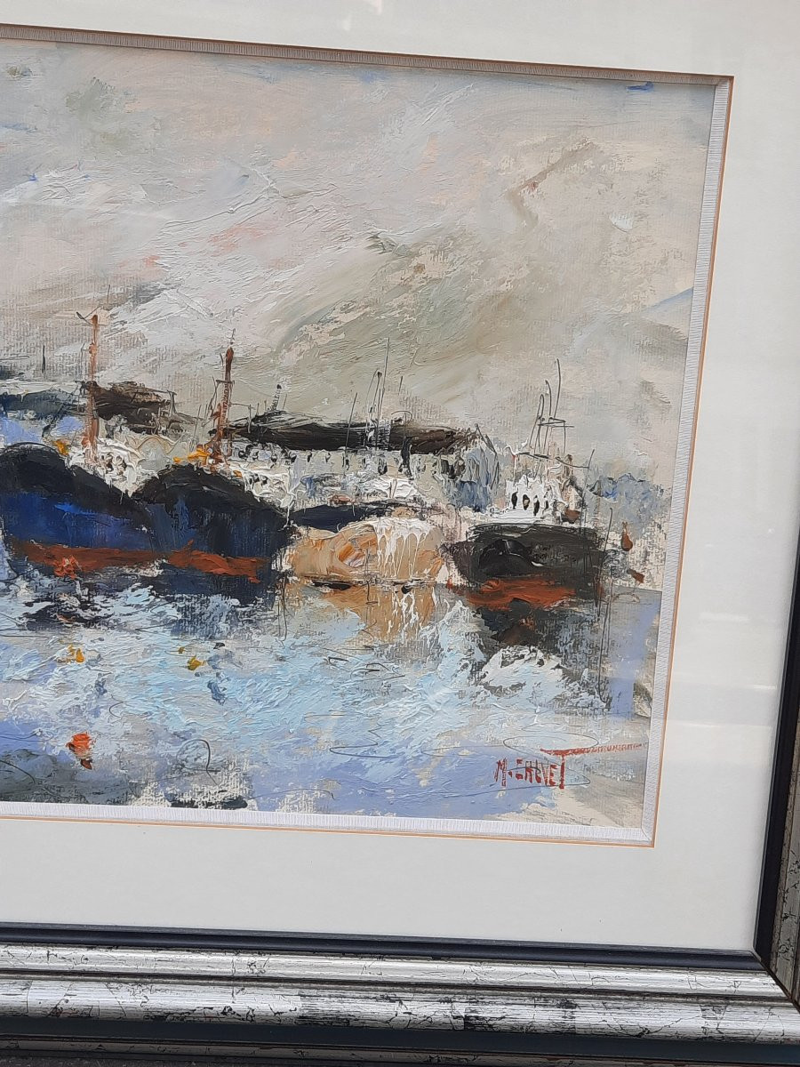 Michel Calvet (1956-) - Huile sur papier - Vue d'un port -photo-2
