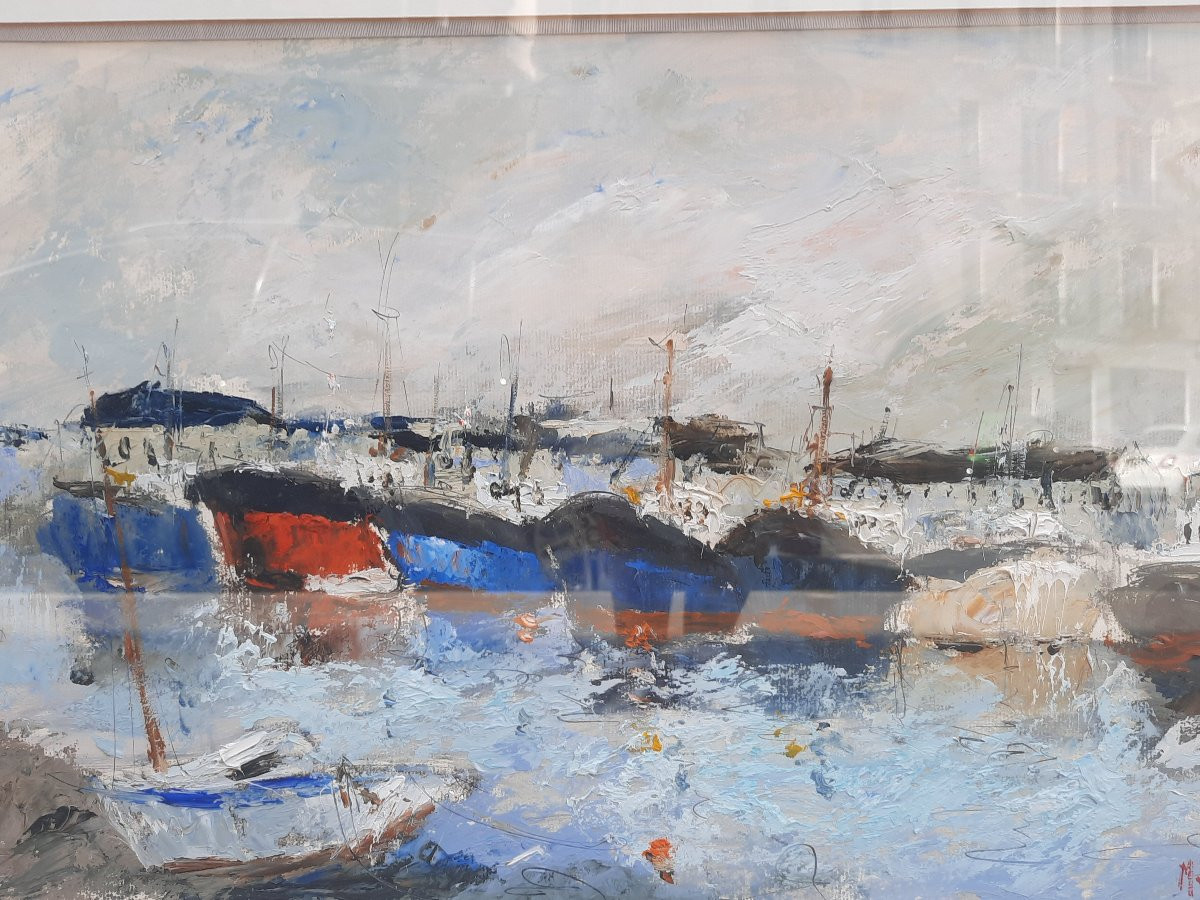 Michel Calvet (1956-) - Huile sur papier - Vue d'un port -photo-3