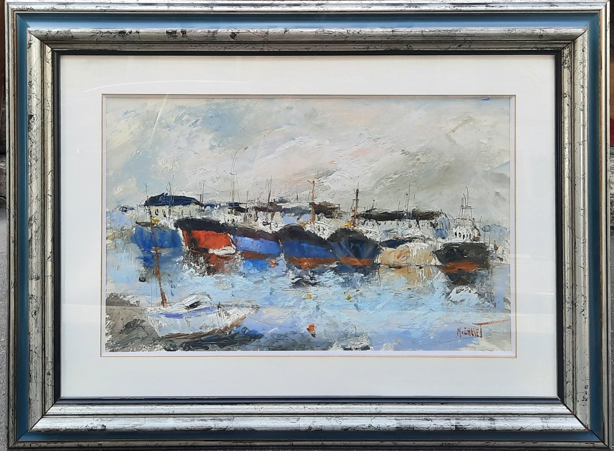 Michel Calvet (1956-) - Huile sur papier - Vue d'un port -photo-4