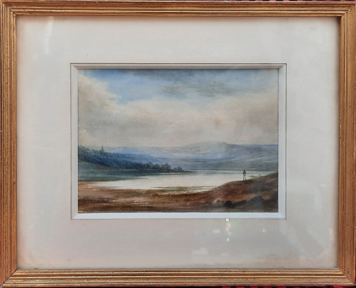 Aquarelle sur papier - Paysage d'un lac et d'une montagne (XIXe siècle)-photo-4
