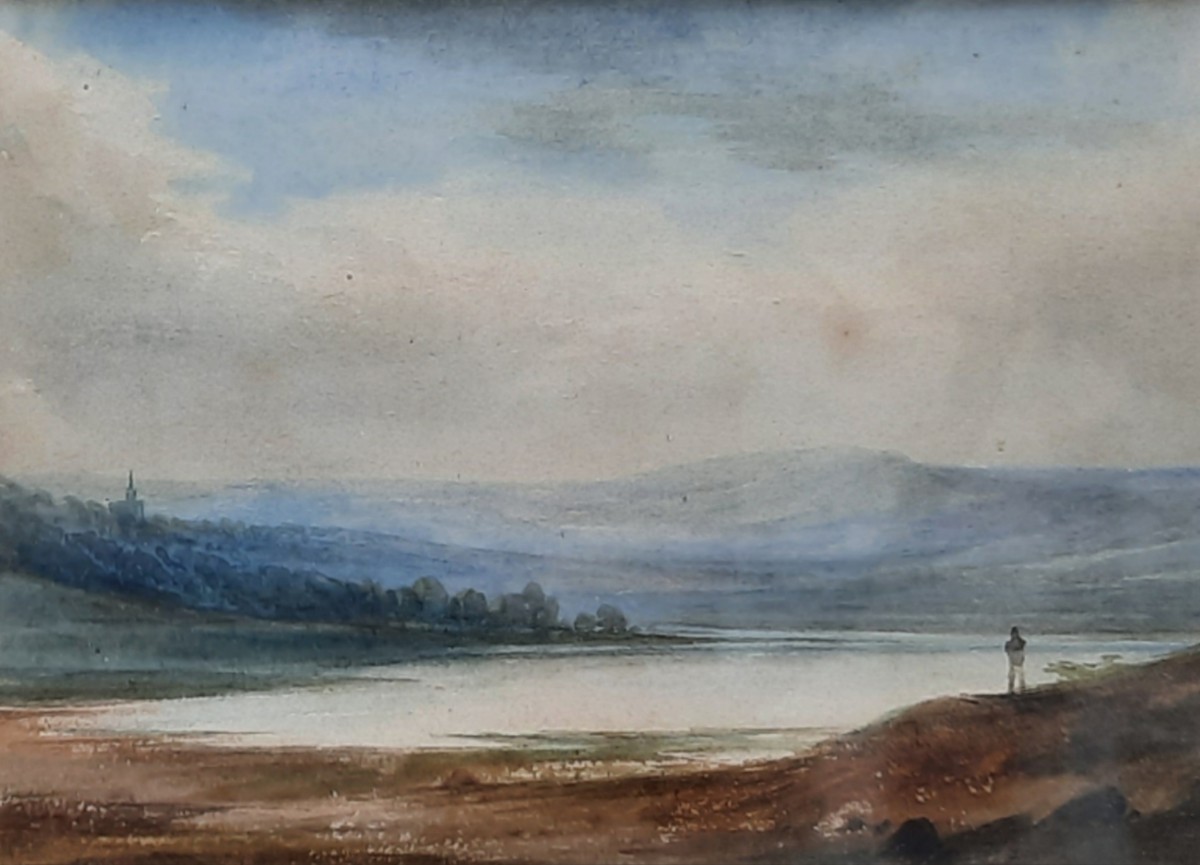 Aquarelle sur papier - Paysage d'un lac et d'une montagne (XIXe siècle)