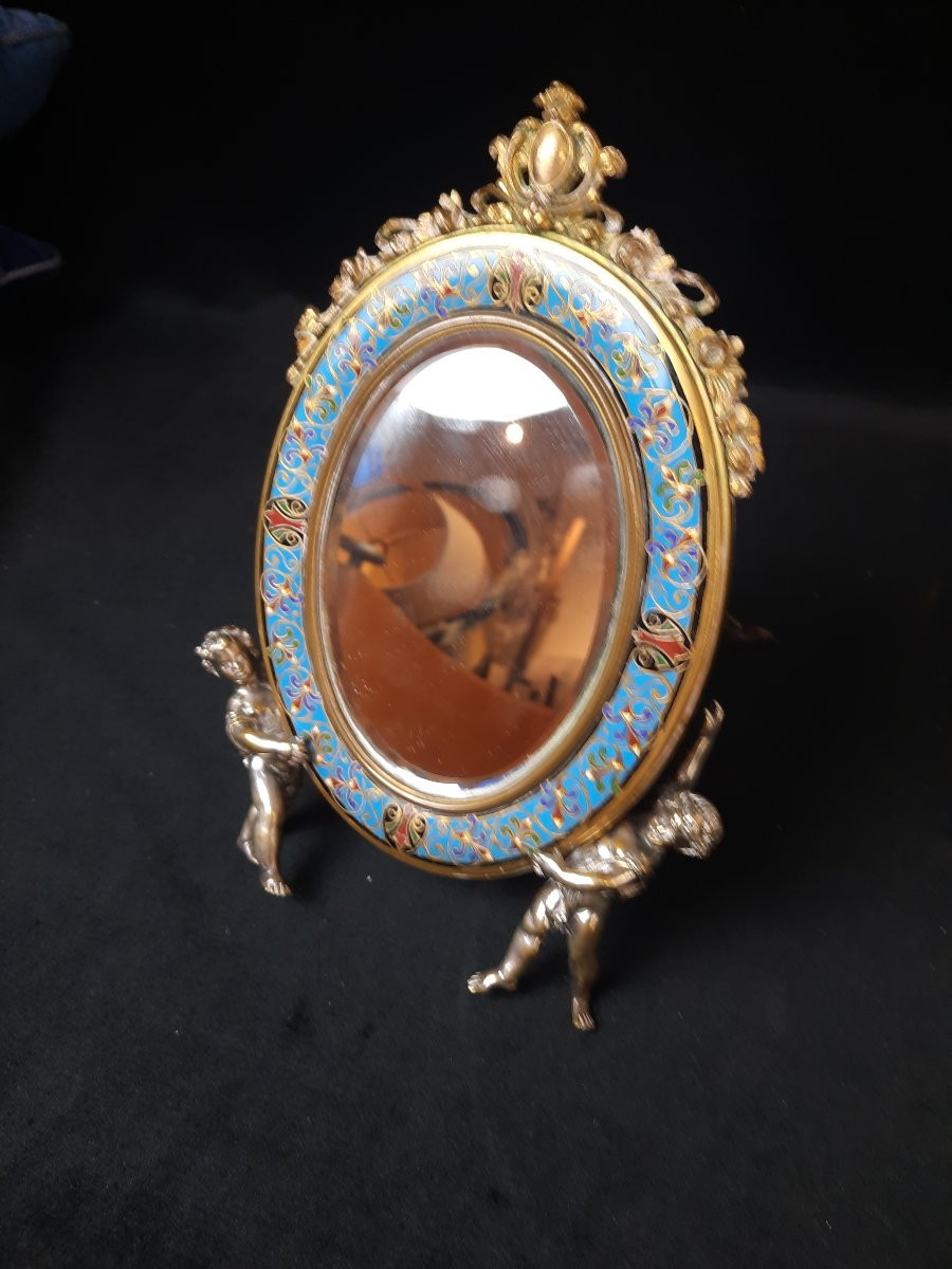Miroir de table / psyché en bronze et émail (XIXe siècle)-photo-2