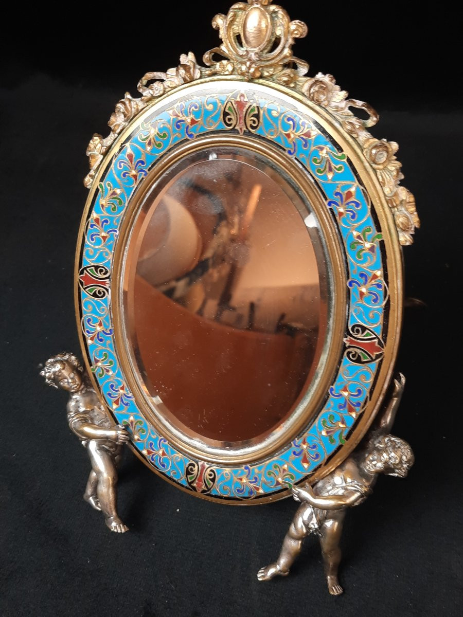 Miroir de table / psyché en bronze et émail (XIXe siècle)-photo-4