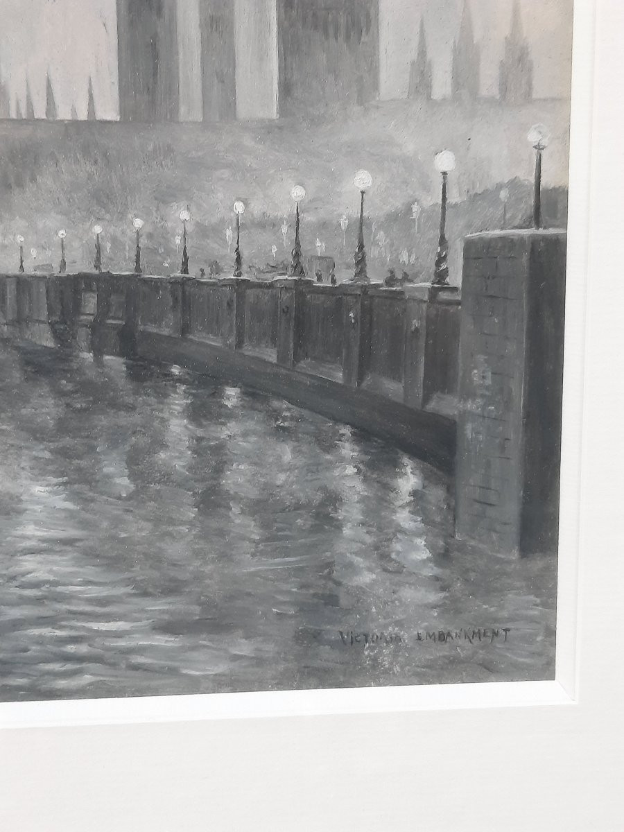 Gouache sur papier - Vue de Victoria Embankment (Londres) -photo-3