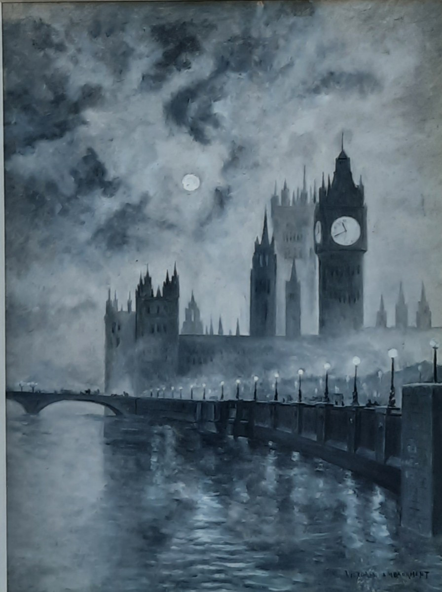 Gouache sur papier - Vue de Victoria Embankment (Londres) 