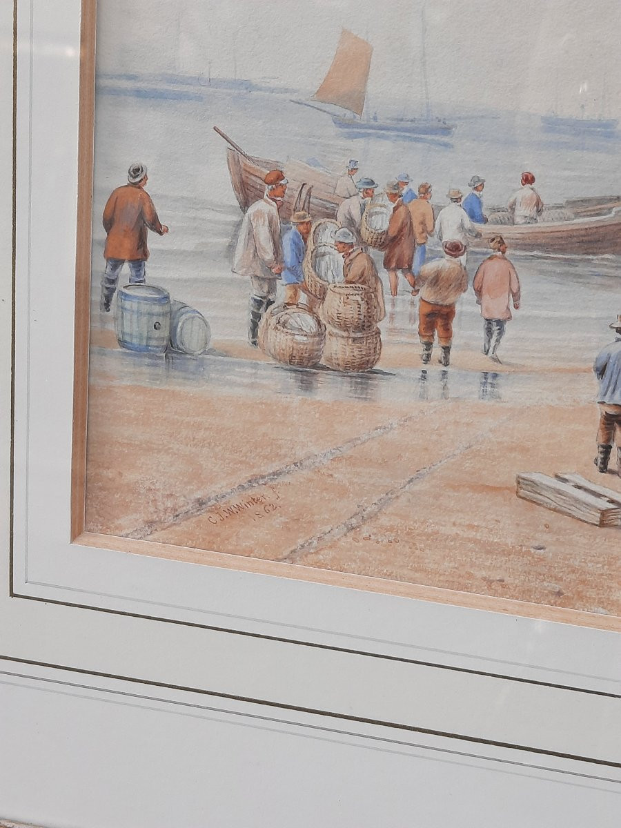 Cornelius Jason Walter Winter (1820–1891) - Watercolor On Paper - Beach Scene With Boats-photo-2