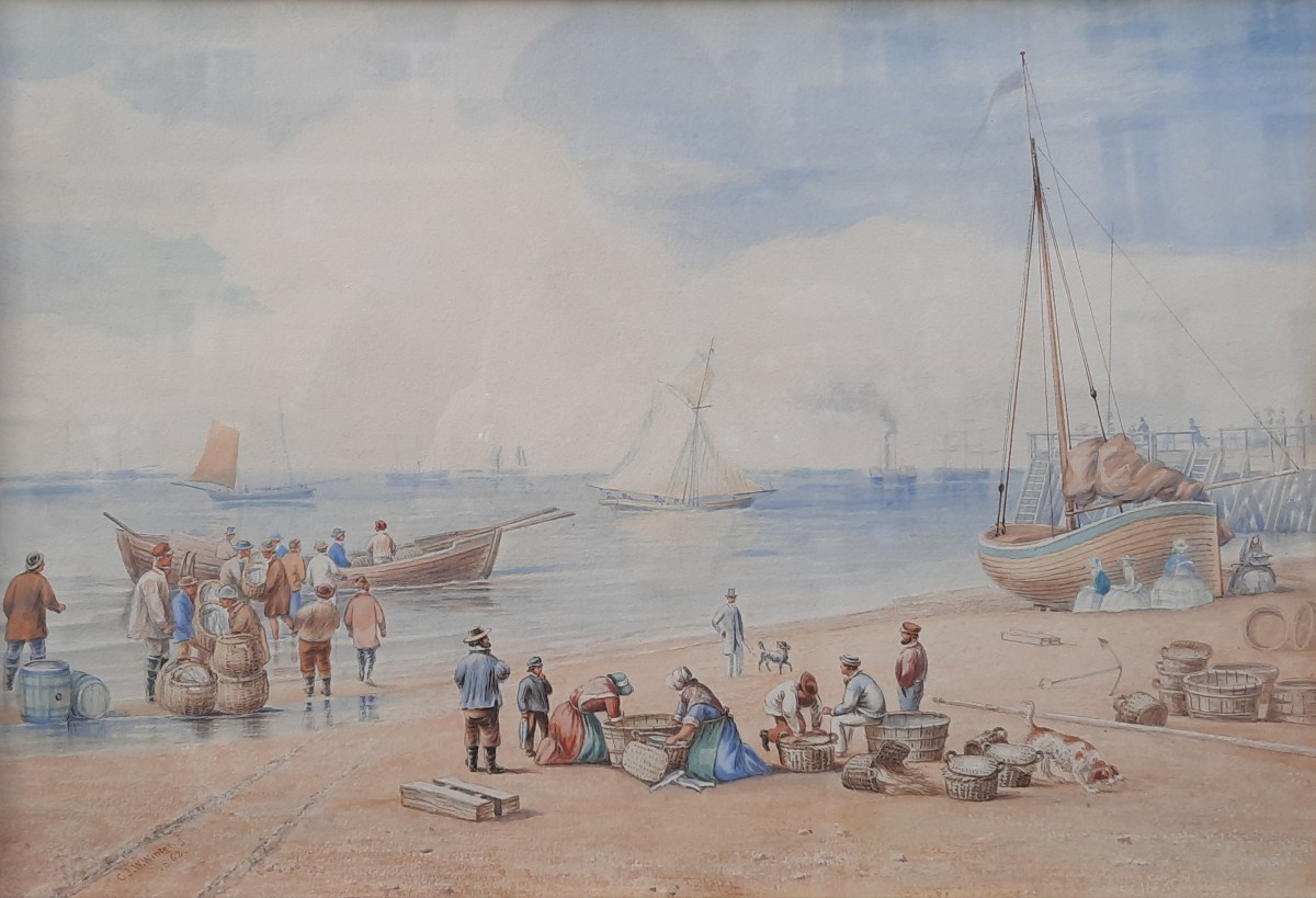 Cornelius Jason Walter Winter (1820–1891) - Watercolor On Paper - Beach Scene With Boats