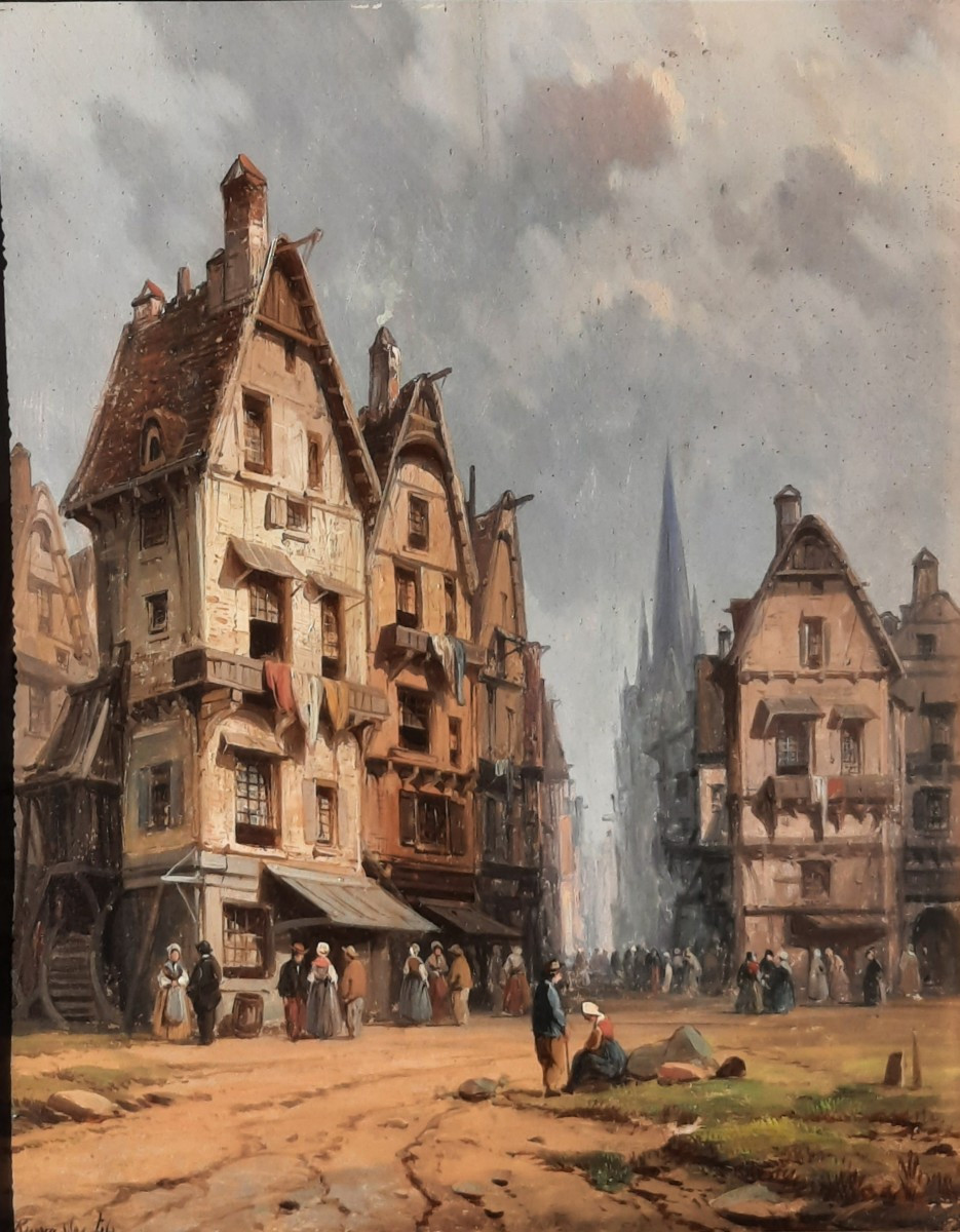Charles-euphrasie Kuwasseg (1833-1904) - Oil On Wood - Street Scene In Rouen