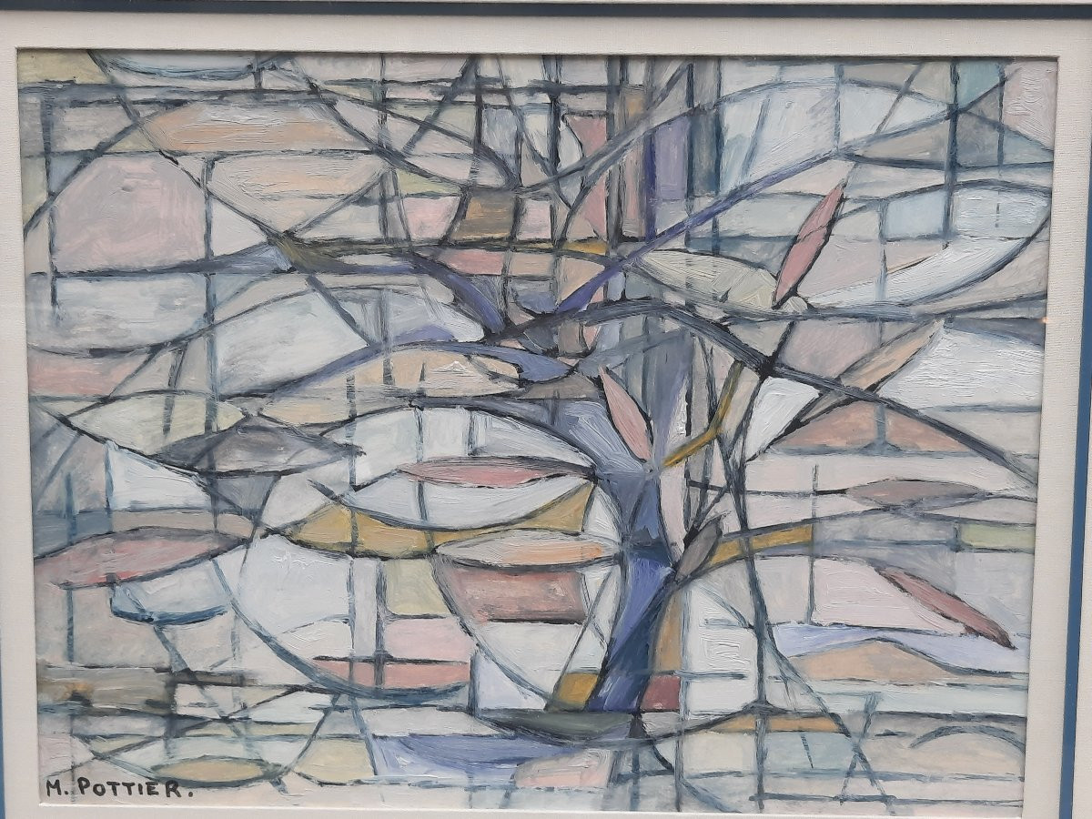 Huile sur papier - Composition - M. Pottier (XXe siècle)-photo-3