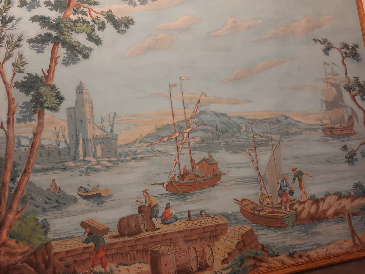 Painting On Canvas Mounted On Board - Lively Port Scene - In The Style Of Zuber (19th Century)-photo-2