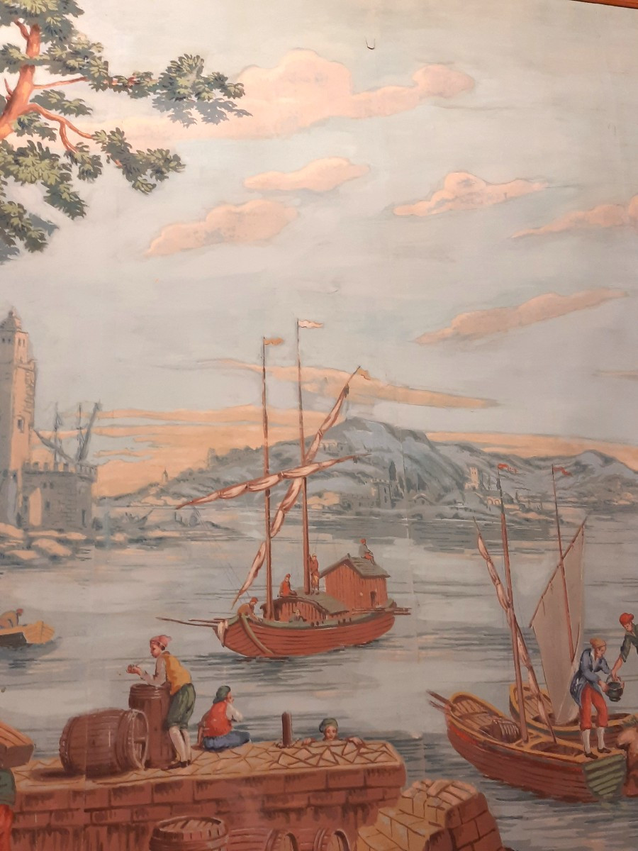 Painting On Canvas Mounted On Board - Lively Port Scene - In The Style Of Zuber (19th Century)-photo-3