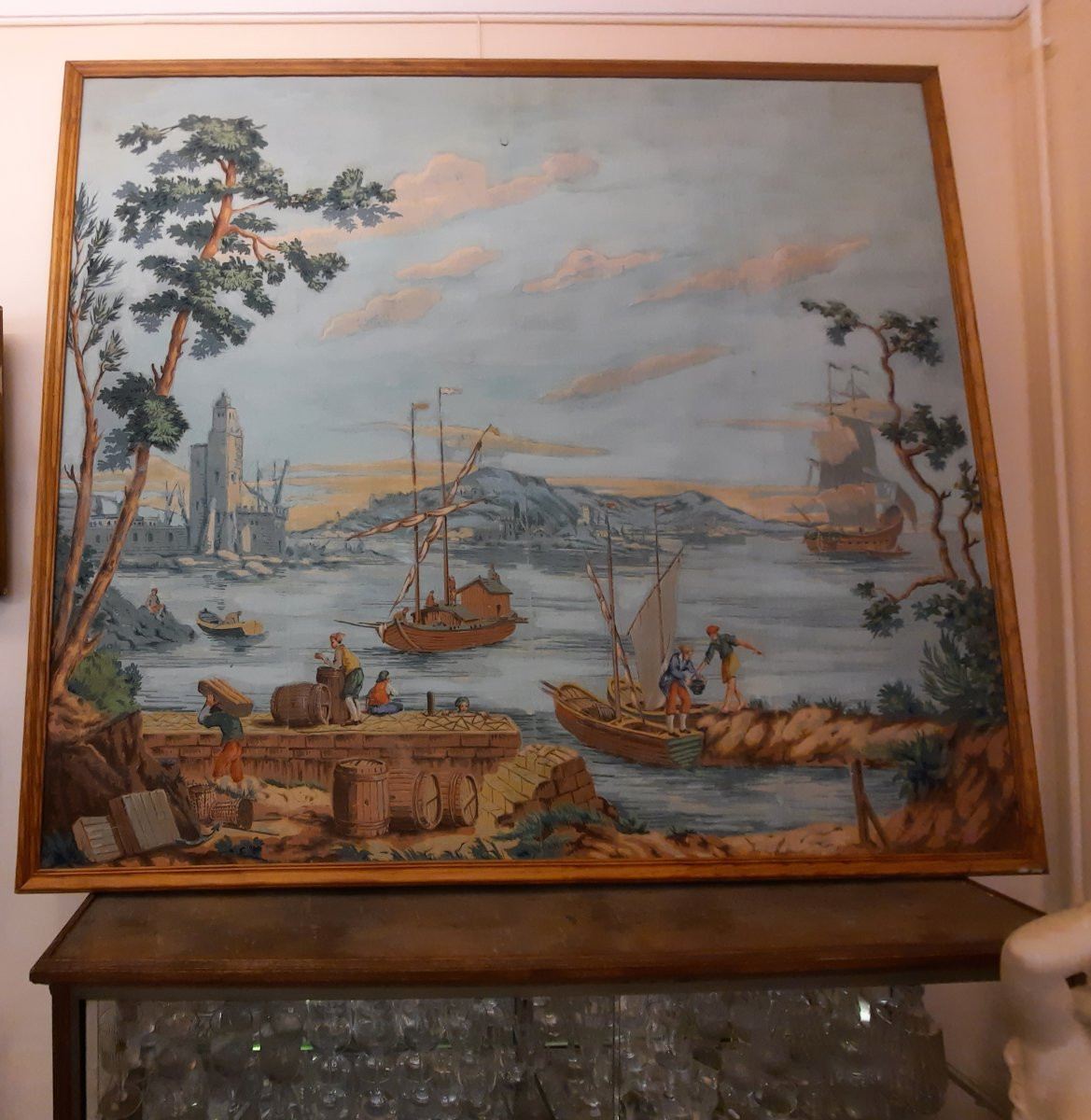 Painting On Canvas Mounted On Board - Lively Port Scene - In The Style Of Zuber (19th Century)-photo-1
