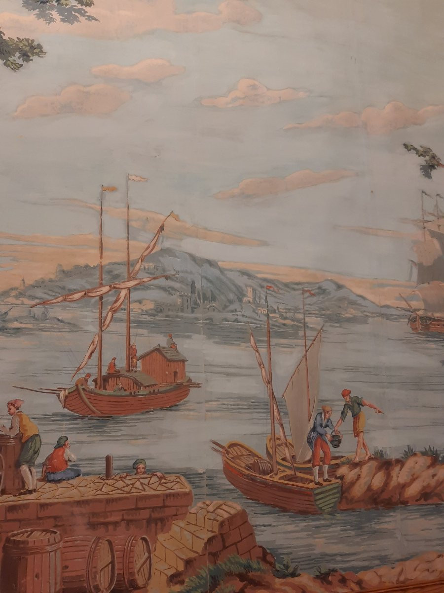 Painting On Canvas Mounted On Board - Lively Port Scene - In The Style Of Zuber (19th Century)-photo-2