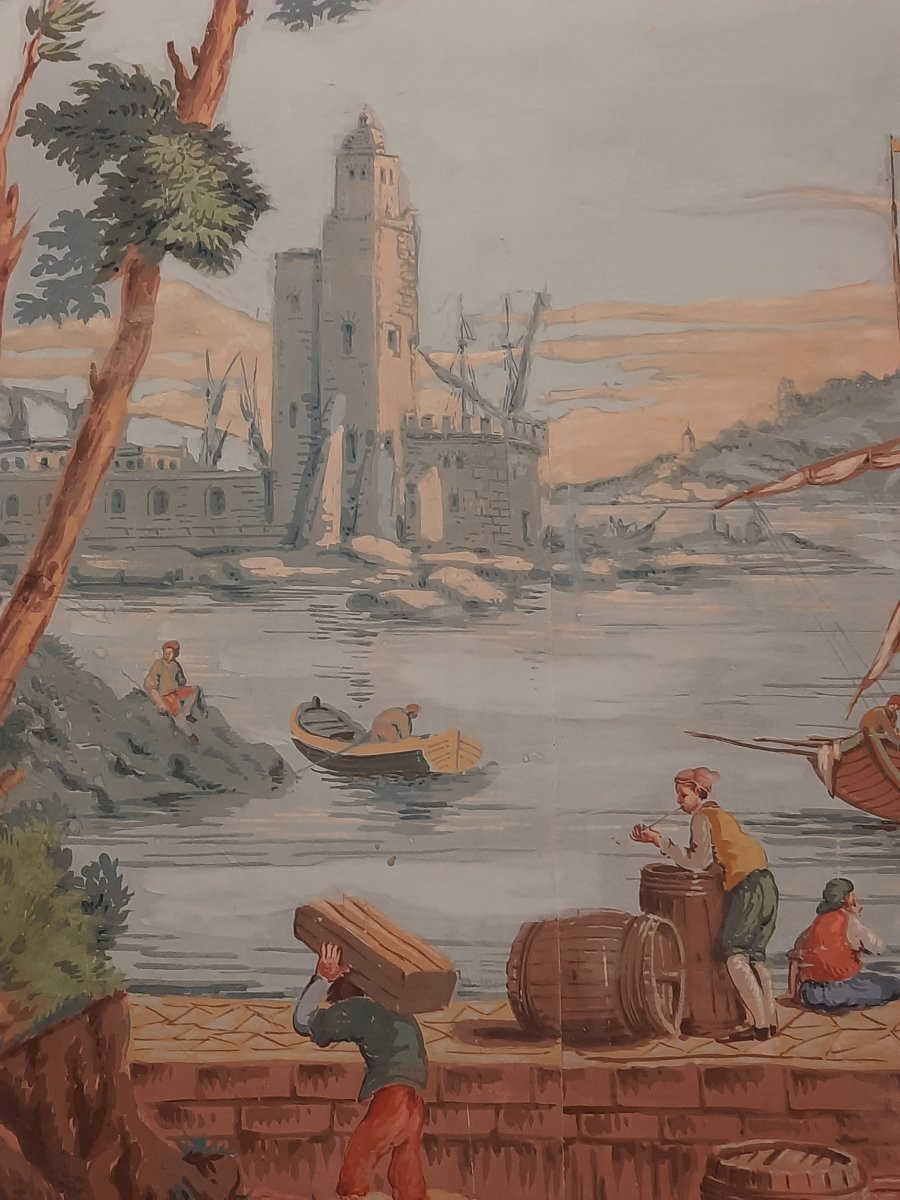 Painting On Canvas Mounted On Board - Lively Port Scene - In The Style Of Zuber (19th Century)-photo-4