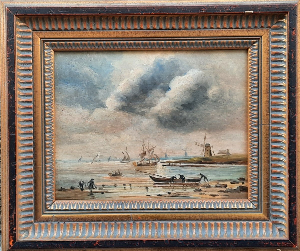 Huile sur bois - Paysage hollandais - XIXe siècle-photo-4