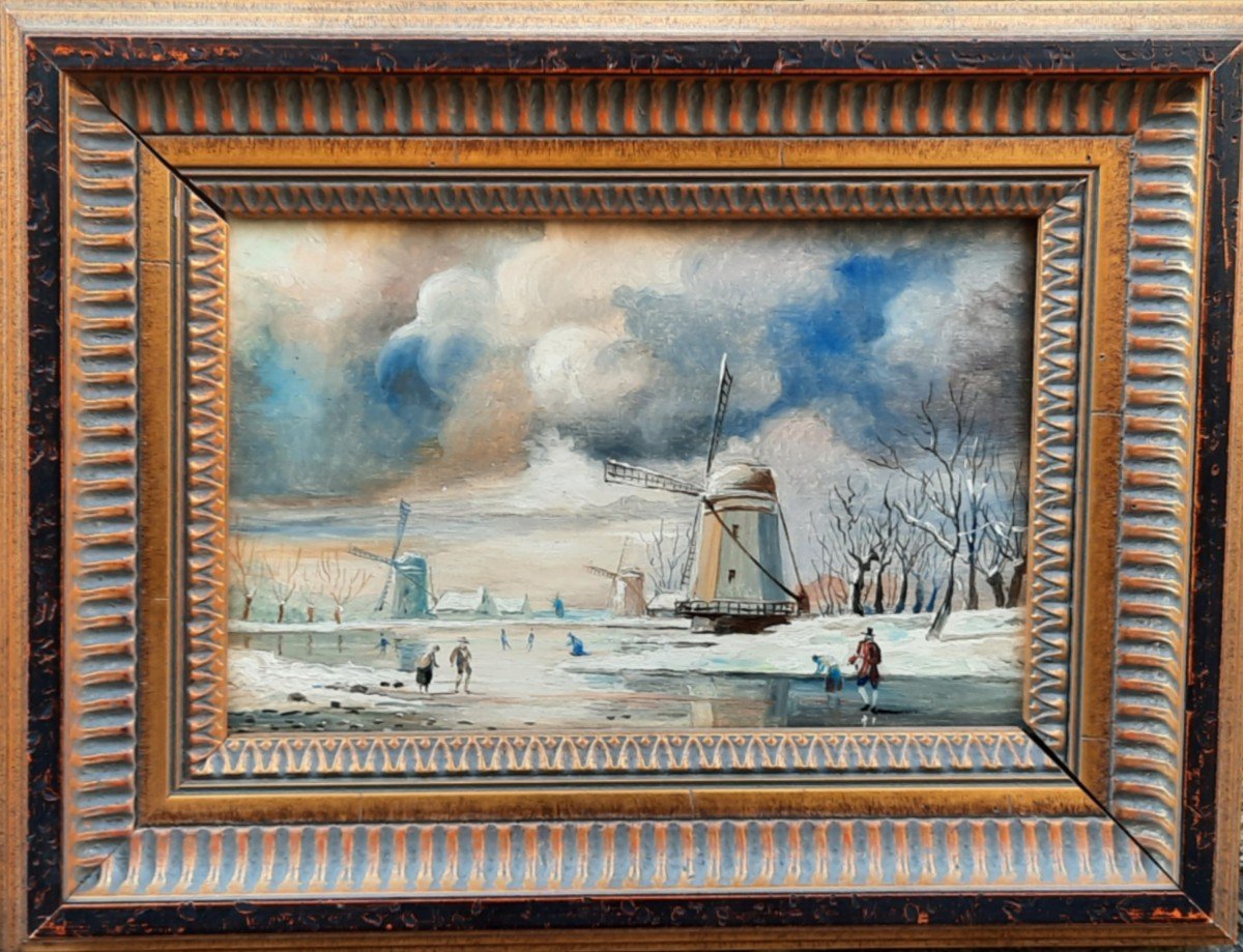 Huile sur bois - Paysage hivernal aux moulins (XIXe siècle)-photo-3