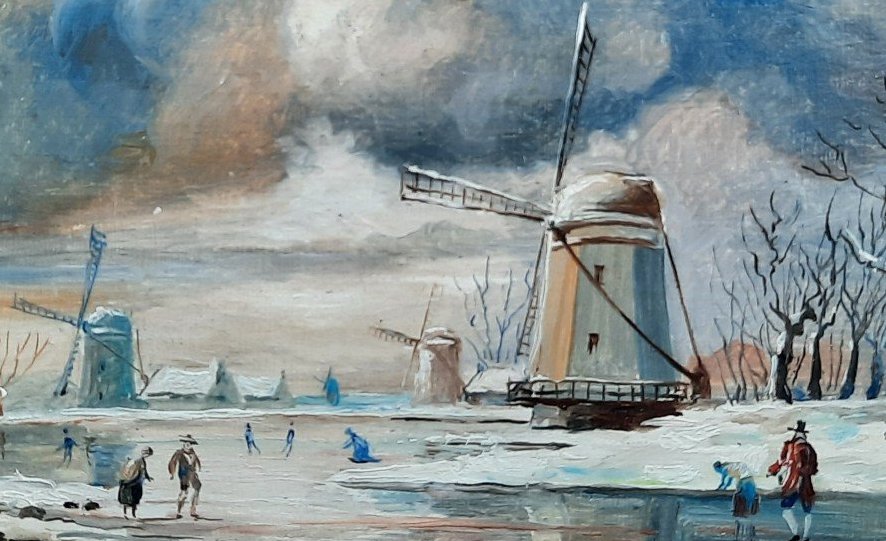 Huile sur bois - Paysage hivernal aux moulins (XIXe siècle)-photo-4