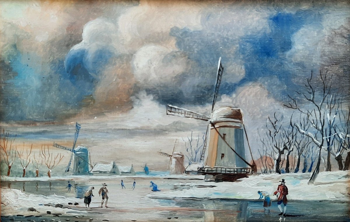 Huile sur bois - Paysage hivernal aux moulins (XIXe siècle)