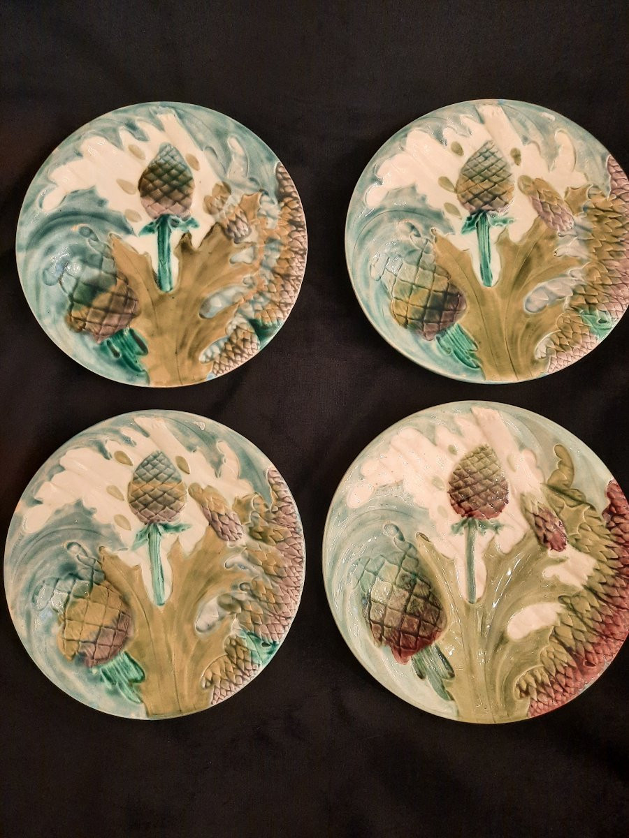 Lunéville - 6 Assiettes barbotine à Décor d’Asperges & Artichauts –XXᵉ Siècle-photo-2
