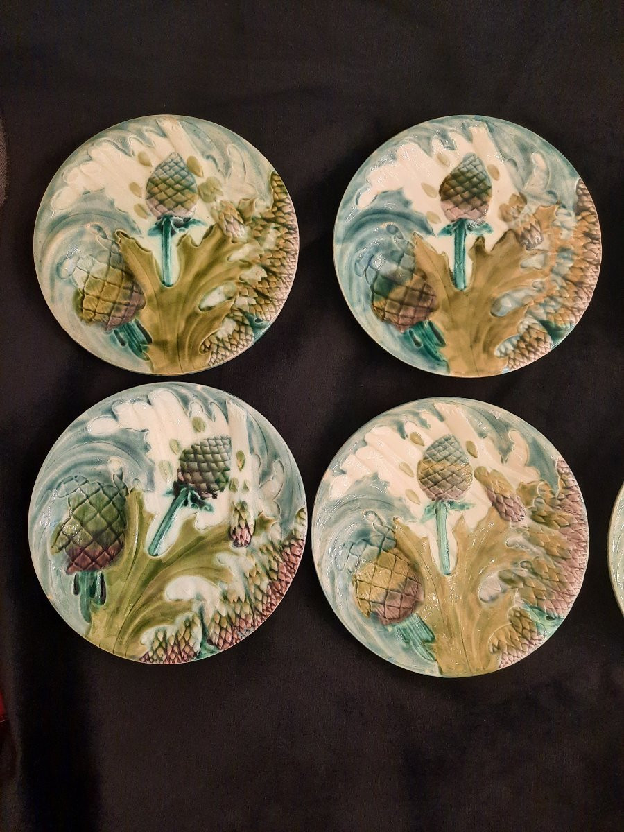Lunéville - 6 Assiettes barbotine à Décor d’Asperges & Artichauts –XXᵉ Siècle-photo-3