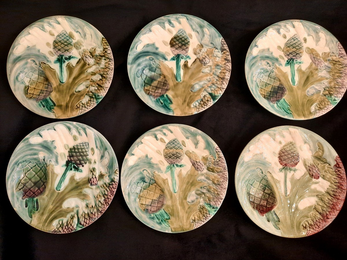 Lunéville - 6 Assiettes barbotine à Décor d’Asperges & Artichauts –XXᵉ Siècle