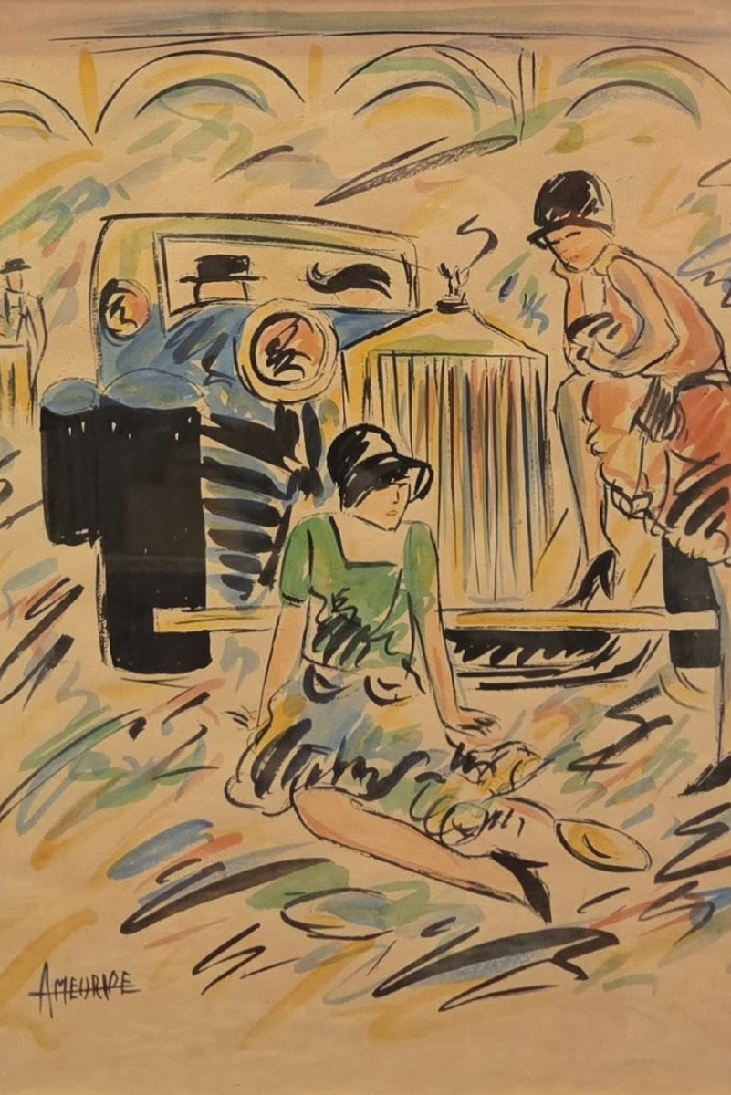 André Meurice (20th Century) - Watercolor Drawing - Elegant Young Women-photo-3