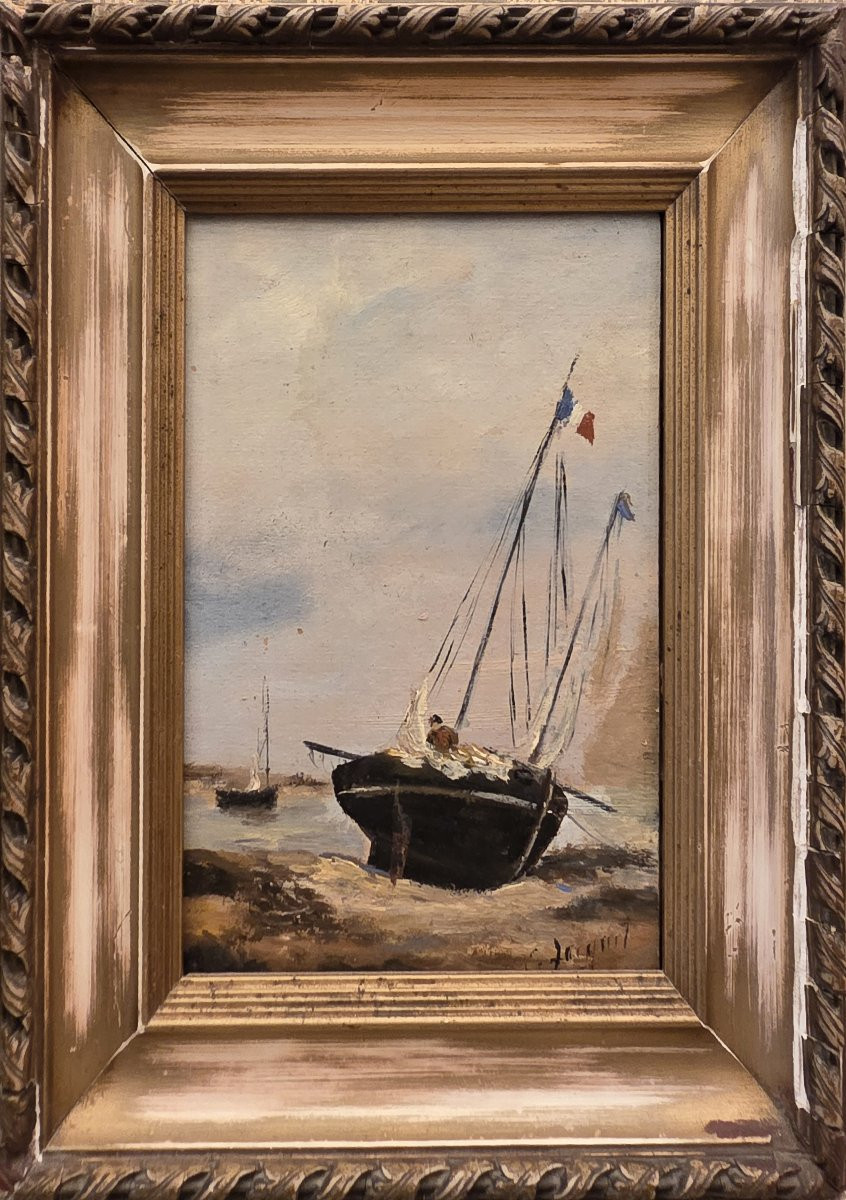 Eugène Jacquet (20th Century) - Oil On Wood - Seascape With Beached Boats-photo-2