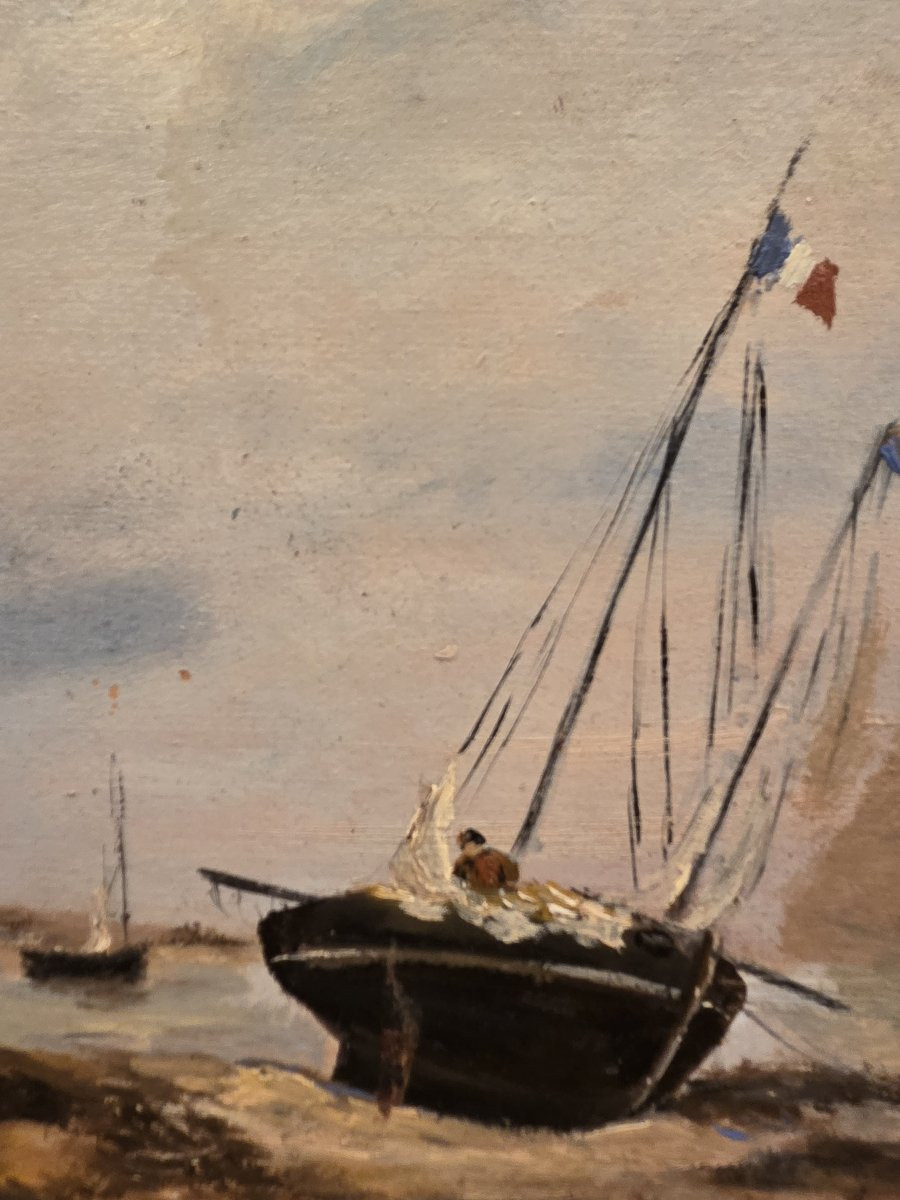 Eugène Jacquet (20th Century) - Oil On Wood - Seascape With Beached Boats-photo-4