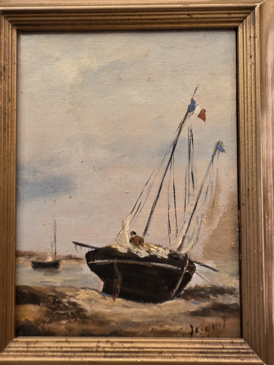Eugène Jacquet (20th Century) - Oil On Wood - Seascape With Beached Boats-photo-4