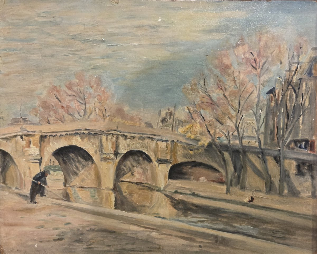 Pierre Villain (1880 – 1950) - Oil On Panel - View Of The Pont-neuf, Paris -photo-2