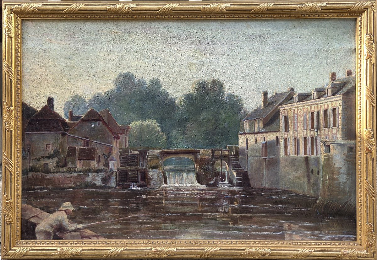 Huile sur toile – Paysage animé avec moulin et rivière – XIXe  -photo-2