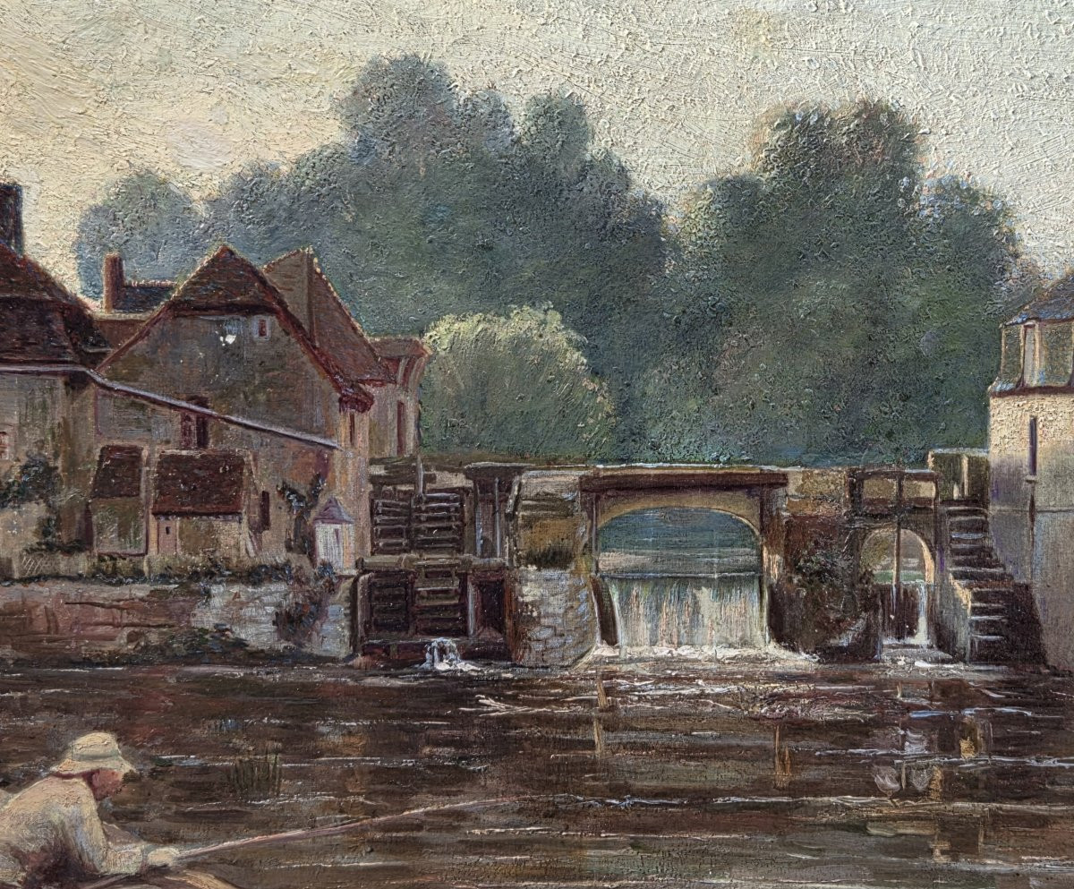 Huile sur toile – Paysage animé avec moulin et rivière – XIXe  -photo-3