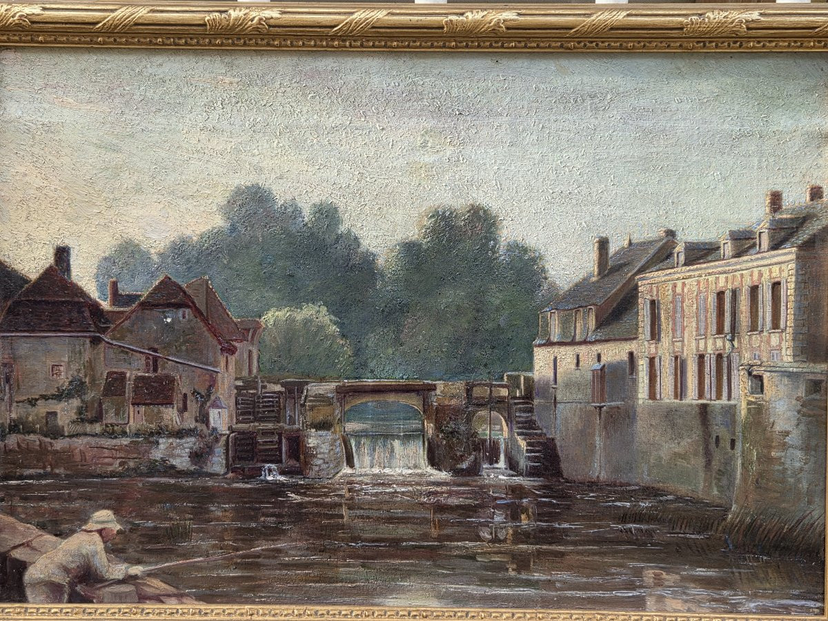 Huile sur toile – Paysage animé avec moulin et rivière – XIXe  -photo-4