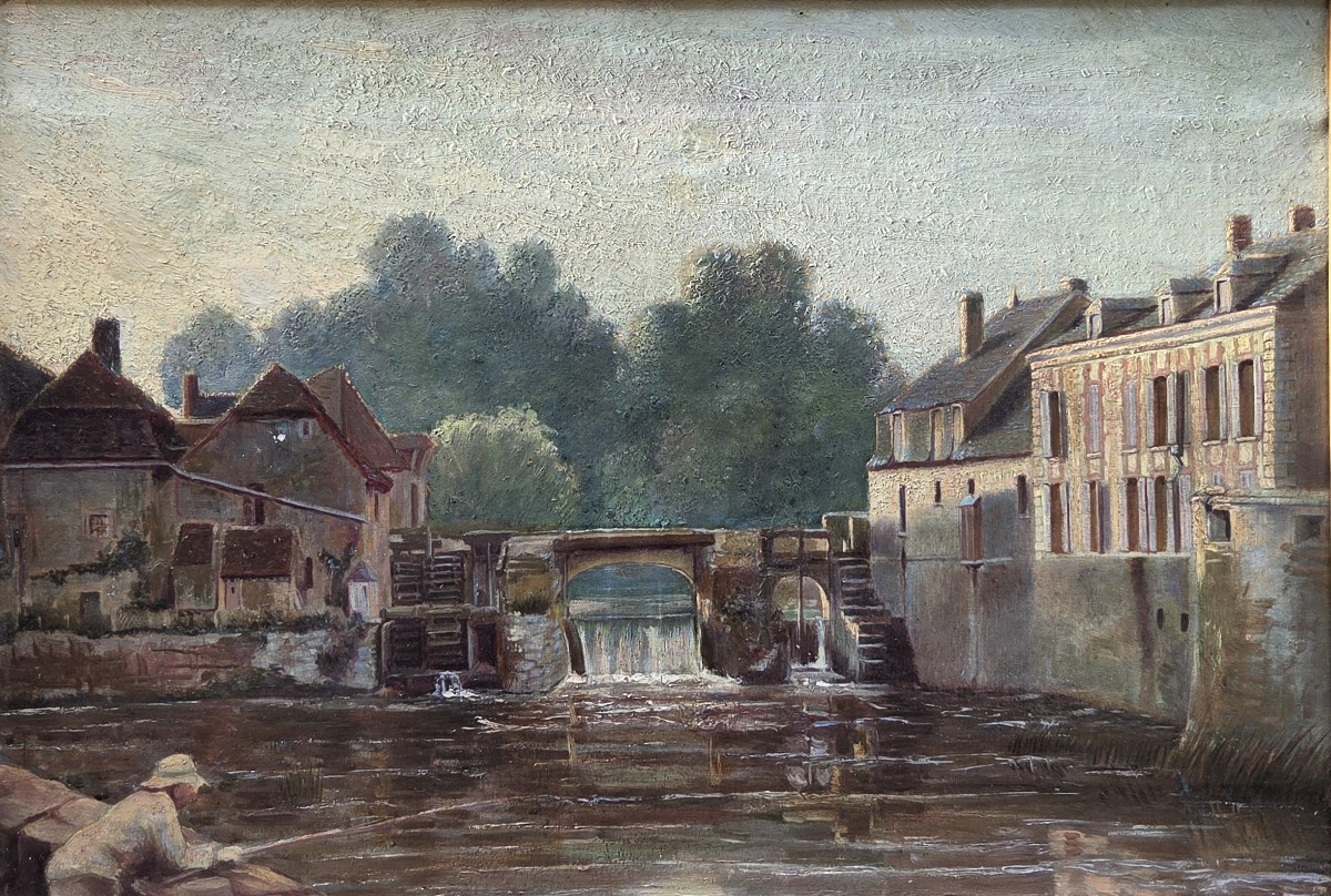 Huile sur toile – Paysage animé avec moulin et rivière – XIXe  