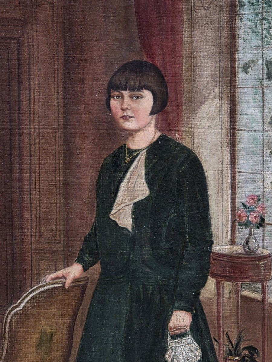Huile sur toile - Portrait d'une jeune femme - L Gautier (XXe siècle)