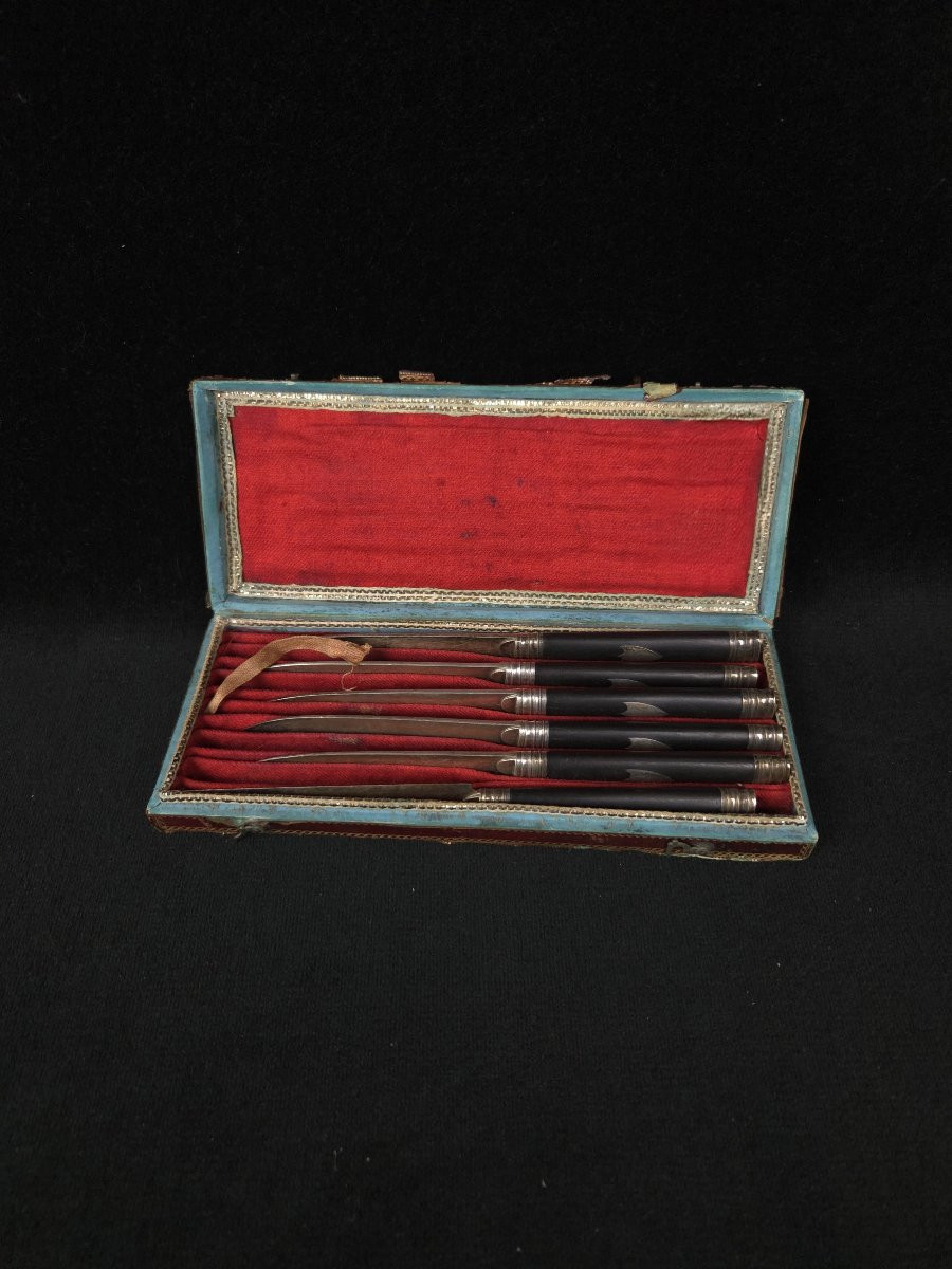 Ensemble de 6 couteaux lames argent d'époque Empire-photo-2