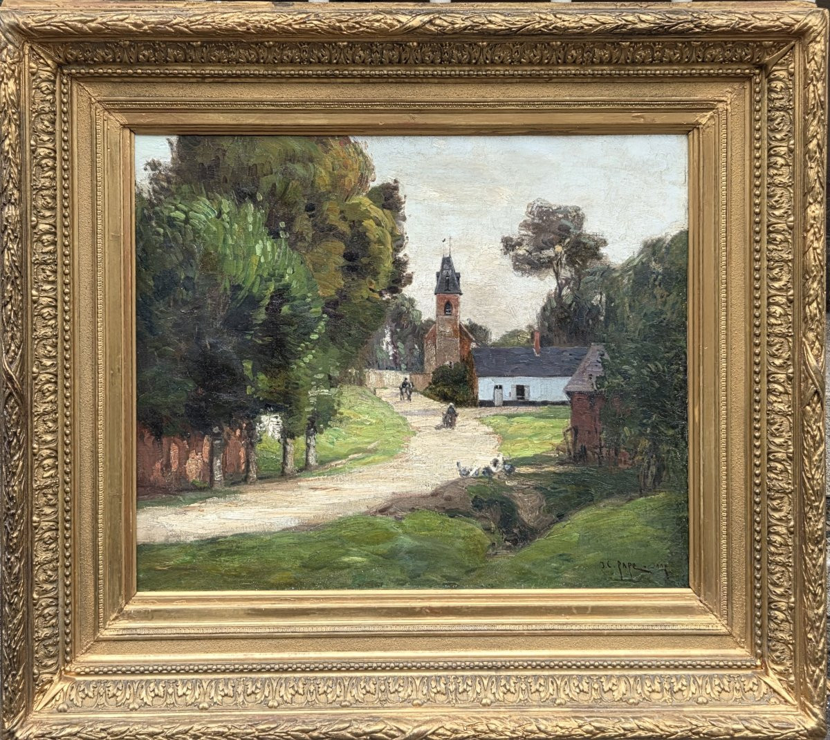 Jean Constant Pape (1865-1920) - Huile sur toile - Paysage de village animé -photo-2