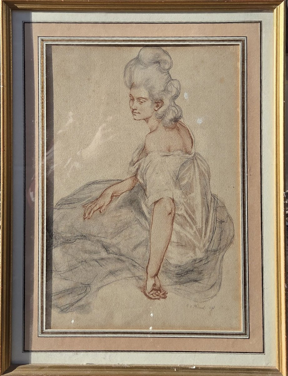 Dessin sur papier - Portrait de jeune femme - École française (XIXe)-photo-2