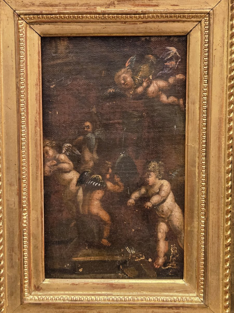Huile sur toile marouflée sur bois - Allégorie aux puttis (XIXe siècle)-photo-3